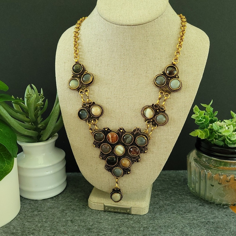 Byzantine Style Multicolor Agate Cabochon Bib Statement Necklace 26in